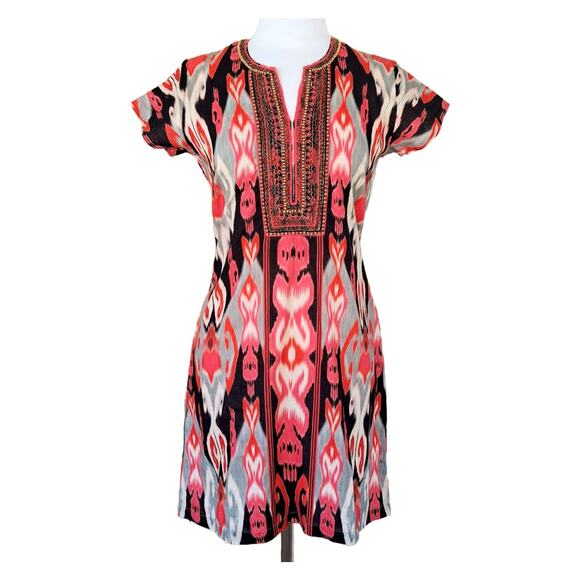 BELLA TU Ikat Hand Beaded Tunic Dress Size Small in Red Cap Sleeve - Picture 1 of 9